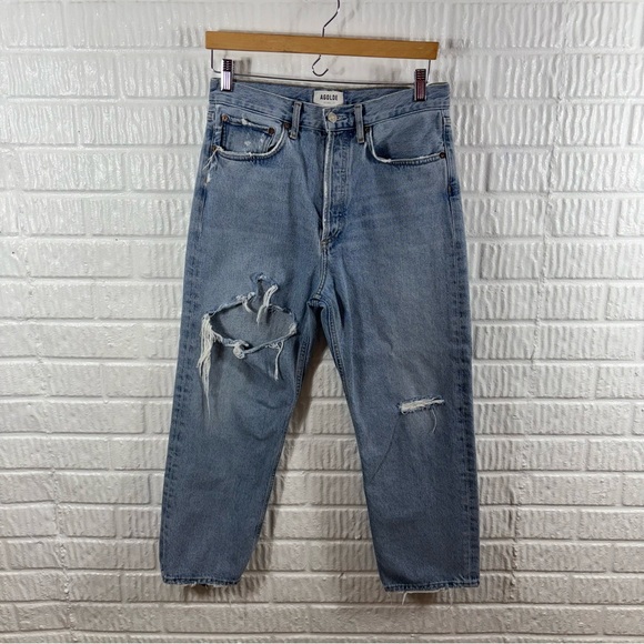 AGOLDE 90s Crop Distressed High-Waisted Straight Denim Jeans Echo Light Wash 27 - Picture 2 of 6